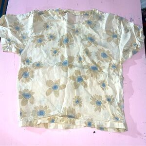 100% Linen Short Sleeve Crew Neck Shirt Floral Print Pastel Cream Neutral Shades